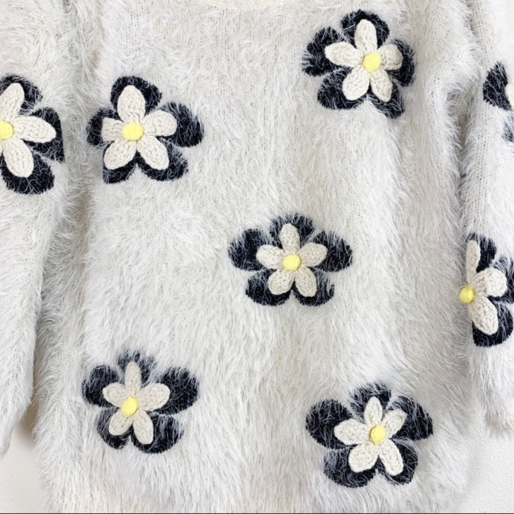 Floral Fuzzy Crewneck Sweater - White with Black & Yellow Flower Accents